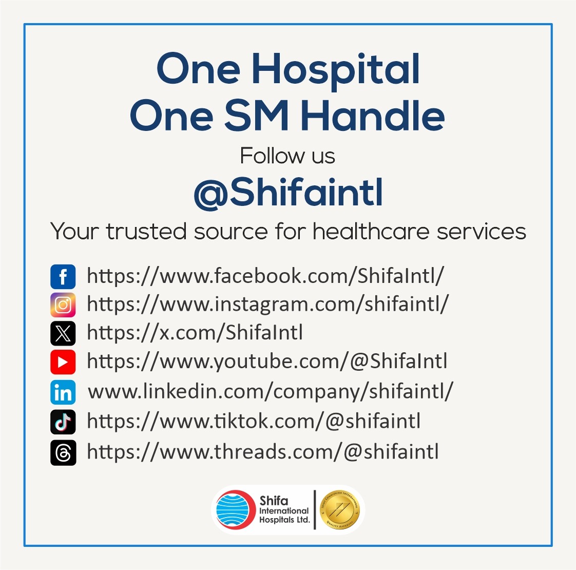 filesmart1's tweet image. No more confusion! Shifa International Hospitals are now using @ShifaIntl on Facebook | Instagram | YouTube | X | TikTok | LinkedIn | Threads . 🧠📲
#ShifaUnified #AllInOneHandle #YourHealthMatters