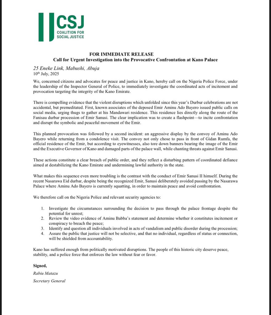 Coalition for social justice @coalitionforsocial

Call for URGENT investigations into the provocative confrontation at Kano Palace