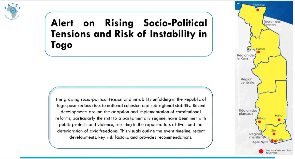 🔴Escalating socio-political tensions in Togo, linked to constitutional reforms, have triggered unrest, caused loss of life, and led to a shrinking civic space.
Explore the timeline, risks, and recommendations in our latest alert: 🔗 bit.ly/4lqqo3J
#WARM #EarlyWarning