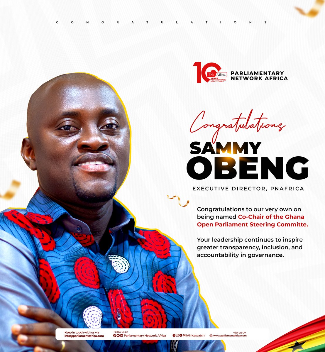 Parliamentary Network Africa (@pnafricawatch) on Twitter photo 🎉 Big Congrats!
<a href="/SammyObeng/">Sammy Obeng</a> named Co-Chair of Ghana’s Open Parliament Steering Committee — leading the charge for transparency and citizen inclusion! 👏🏽🗳️
<a href="/parliament_gh/">Parliament of Ghana</a>
#PNAfrica@10 #OpenParliament #PNAfrica #Leadership 🎉 Big Congrats!
<a href="/SammyObeng/">Sammy Obeng</a> named Co-Chair of Ghana’s Open Parliament Steering Committee — leading the charge for transparency and citizen inclusion! 👏🏽🗳️
<a href="/parliament_gh/">Parliament of Ghana</a>
#PNAfrica@10 #OpenParliament #PNAfrica #Leadership