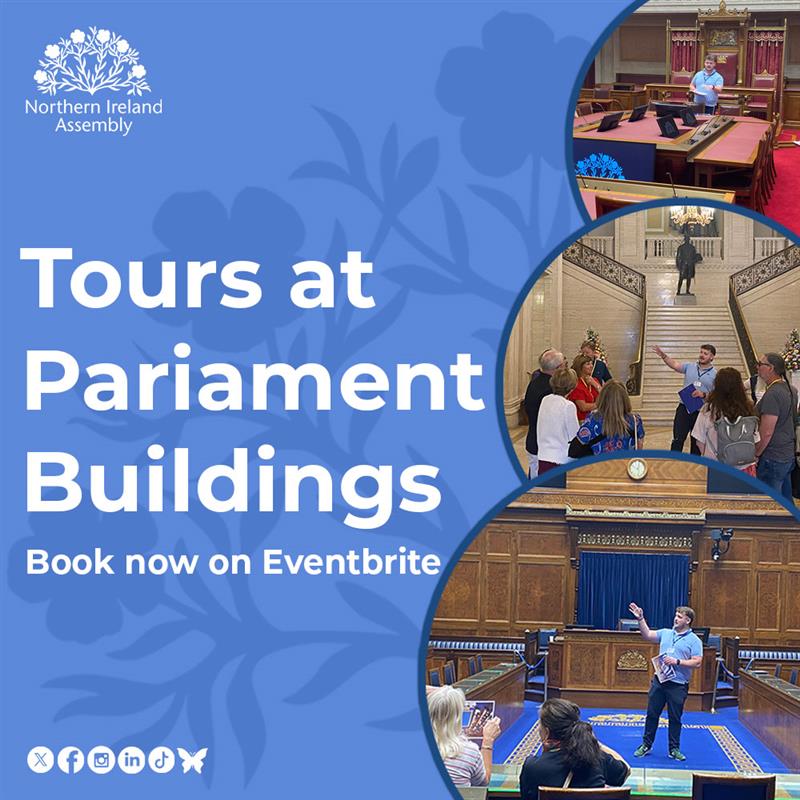 niassembly's tweet image. 📢 We are hosting tours at 11am, 12pm, 1pm, 2pm, and 3pm every weekday throughout recess (with a few exceptions).
➡️ Anyone can book onto a tour by using EventBrite – lk.nia.fyi/g1_R
Check EventBrite for our current availability.
