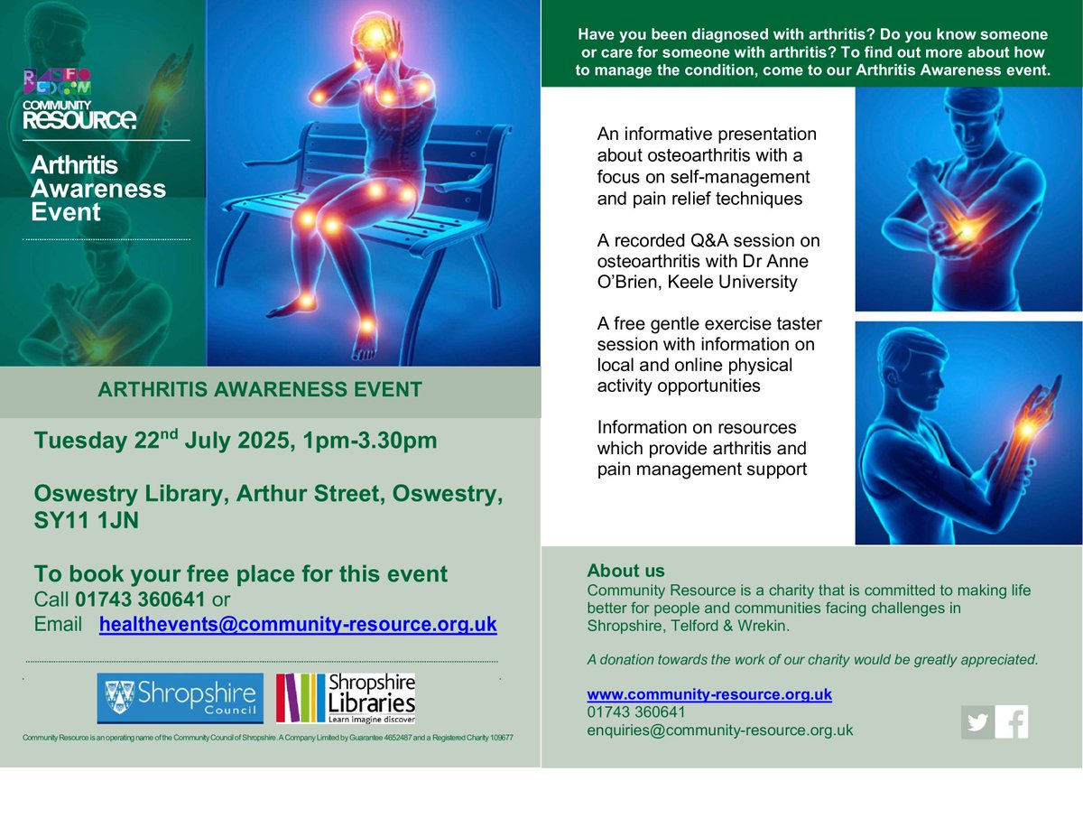 Oswestry Library (@oswestrylibrary) on Twitter photo Have you been diagnosed with arthritis? Do you know someone or care for someone with arthritis? Find out how to manage the condition.
Tuesday 22 July 1-3.30pm
To book your free place for this event, call 01743 360641 or email healthevents@community-resource.org.uk Have you been diagnosed with arthritis? Do you know someone or care for someone with arthritis? Find out how to manage the condition.
Tuesday 22 July 1-3.30pm
To book your free place for this event, call 01743 360641 or email healthevents@community-resource.org.uk