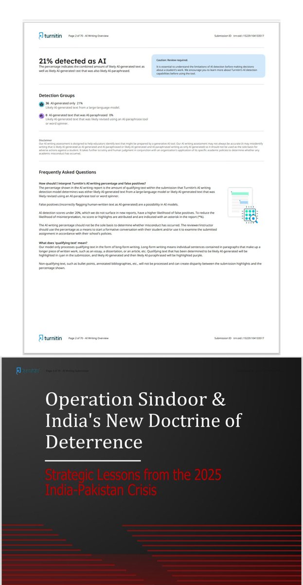 cyberpoe_'s tweet photo. Operation Sindoor report spans 117 pages, but only 50 pages were analyzable due to Turnitin’s word limit.
Even then, 21% of the text was flagged as AI-generated.
This raises serious questions on the credibility and originality of the document.
#CyberPoe #FactCheck #OpSindoor https://t.co/pnQHH4hX9Y