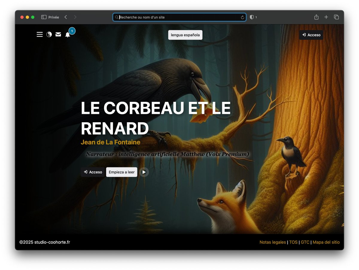 CoohorteStudio's tweet image. ✨ Redécouvrez la voix des grands classiques !
Écoutez Le Corbeau et le Renard de Jean de La Fontaine en version audio premium : qualité studio, narration soignée.
🎧 👉 studio-coohorte.fr/fr/audio/le-co…

#Audio #Littérature #VoixOff #JeanDeLaFontaine