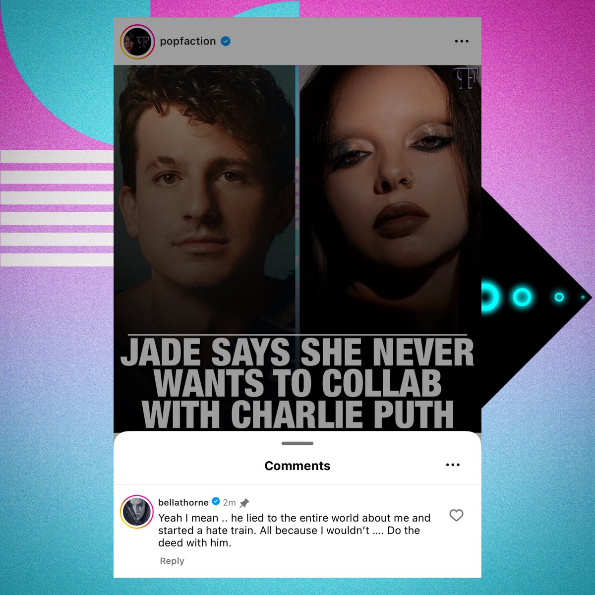 PopFactions's tweet image. Bella Thorne reveals Charlie Puth lied about her and started a hate train on her after she refused to sleep with him.