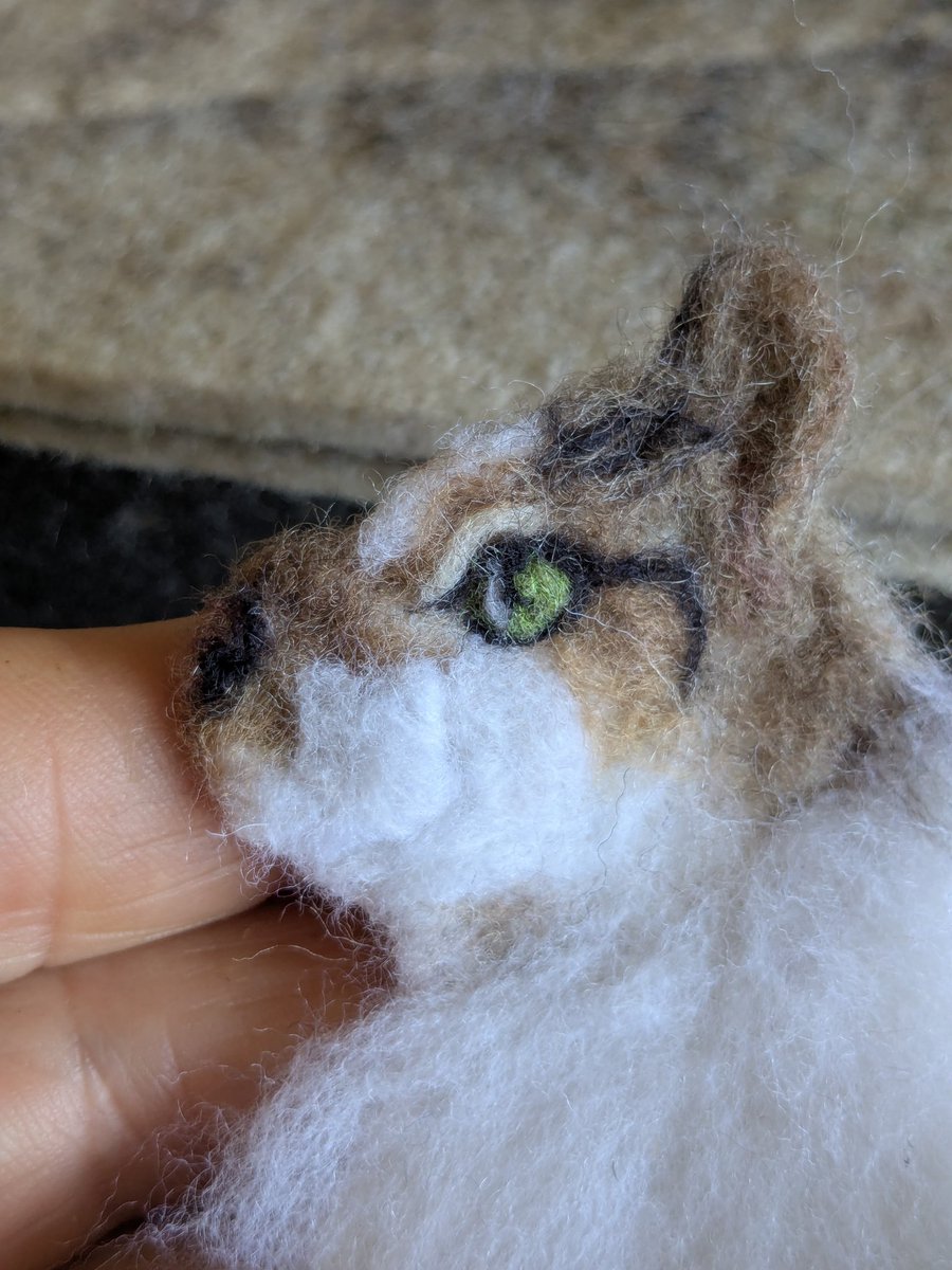 As many of you know, my "signature" is the hand embroidered eyes on my needlefelted pieces, but for this cat, I've done something different and felted the eye instead.