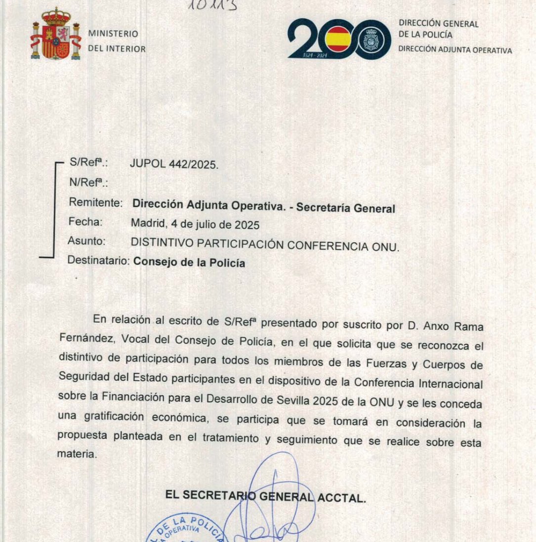 JupolNacional's tweet photo. 👏Desde JUPOL nos alegramos que otras organizaciones sindicales también soliciten ahora una gratificación económica para nuestros compañeros desplegados en la Conferencia de la ONU en Sevilla, como ya hizo JUPOL…

ℹ️De hecho, no solo tenemos el escrito de solicitud, sino que tenemos ya la contestación de la Dirección Adjunta Operativa; como que tienen en cuenta tanto nuestra solicitud de gratificación económica como el distintivo de participación.

😎“Si te copian, será porque algo estás haciendo bien”

⚖️JUPOL #EquiparacionYa y mucho más.