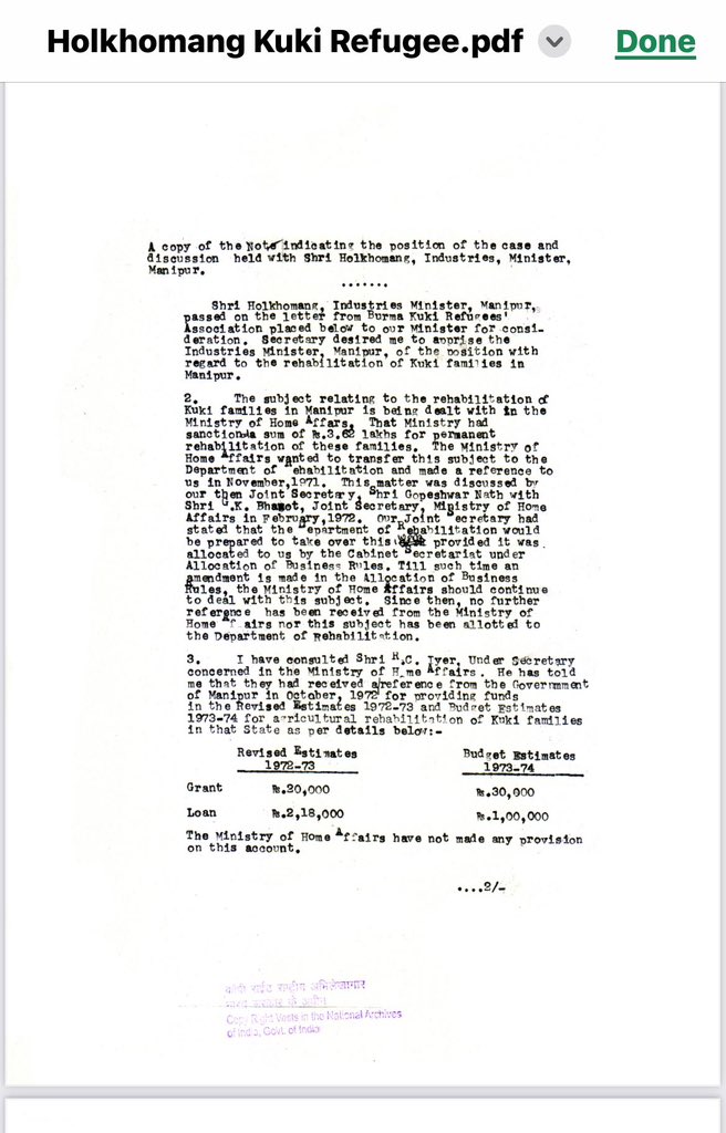 hthokchom's tweet photo. ‼️Official letter, dated 18/02/1973 proving #Kuki MP getting elected with Kuki refugee voters defeating an indigenous Candidate !!!

Worse , the elected Kuki MP , Holkhomang Haokip declaring how he won with “ refugee voters” without any reaction from the indigenous population .

This is how Kukis and the kuki immigrants are having political power and consolidating them  with many hundreds and hundreds coming in 1988 till now.

‼️ And Manipur face the grave consequences today as this illegal kuki Immigrants are now claiming Maniour as their Ancesteral land with drug money and  SoO‼️

See this official letter dated #1973  including a statement of how Holkhomang Haokip passed on letters on behalf of #BurmeseKukiRefugeesAssn👉🏼

“A copy of  the Note  indicating the position of the case  and discussion held with Shri Holkhomang, Industries, Minister, Manipur.

・ ・ ・ ・ ・ ・ ・

Shri Holkhomamg, 
I n d u s t r i e s  M i n i s t e r, Manipur, passed on the letter from Burma Kuki Refugees 
association , placed below 
to our Minister  for  consideration. 

Secretary desired me to apprise the industries Minister,  Manipur of the position with regard to the rehabllitation, of the position with of Kuki  families in Manipur……….”  

@RajBhavManipur @AmitShah @TribalAffairsIn @NBirenSingh