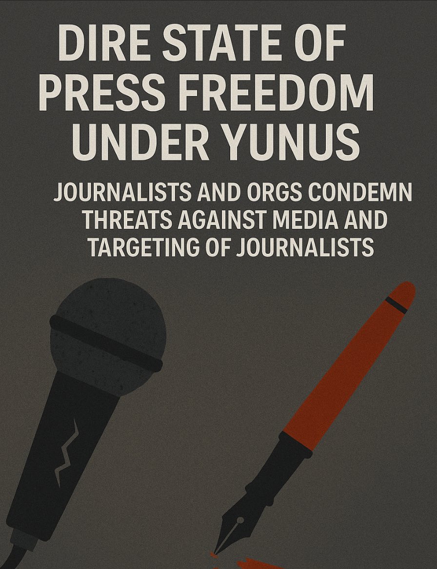 bdwatch2024's tweet image. Dire State of #PressFreedom Under #Yunus: #Journalists and Press Orgs Condem Threats Against #Media and Targeting of Journalists With Criminal Cases.
Three top media orgs, Dhaka Reporters Unity (DRU), Bangladesh Federal Union of Journalists (BFUJ) and the National Press Club…
