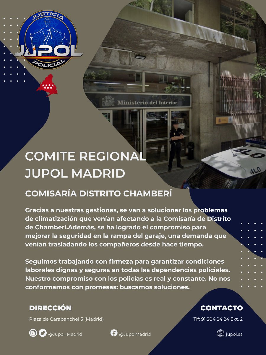 ✅¡CONSEGUIDO!
Gracias a las gestiones de JUPOL Madrid, se van a solucionar los problemas de climatización y se va a mejorar la seguridad de la rampa del garaje en la Comisaría de Distrito de Chamberí

👮‍♂️Seguimos luchando por unas condiciones dignas y seguras para todos

#JUPOL