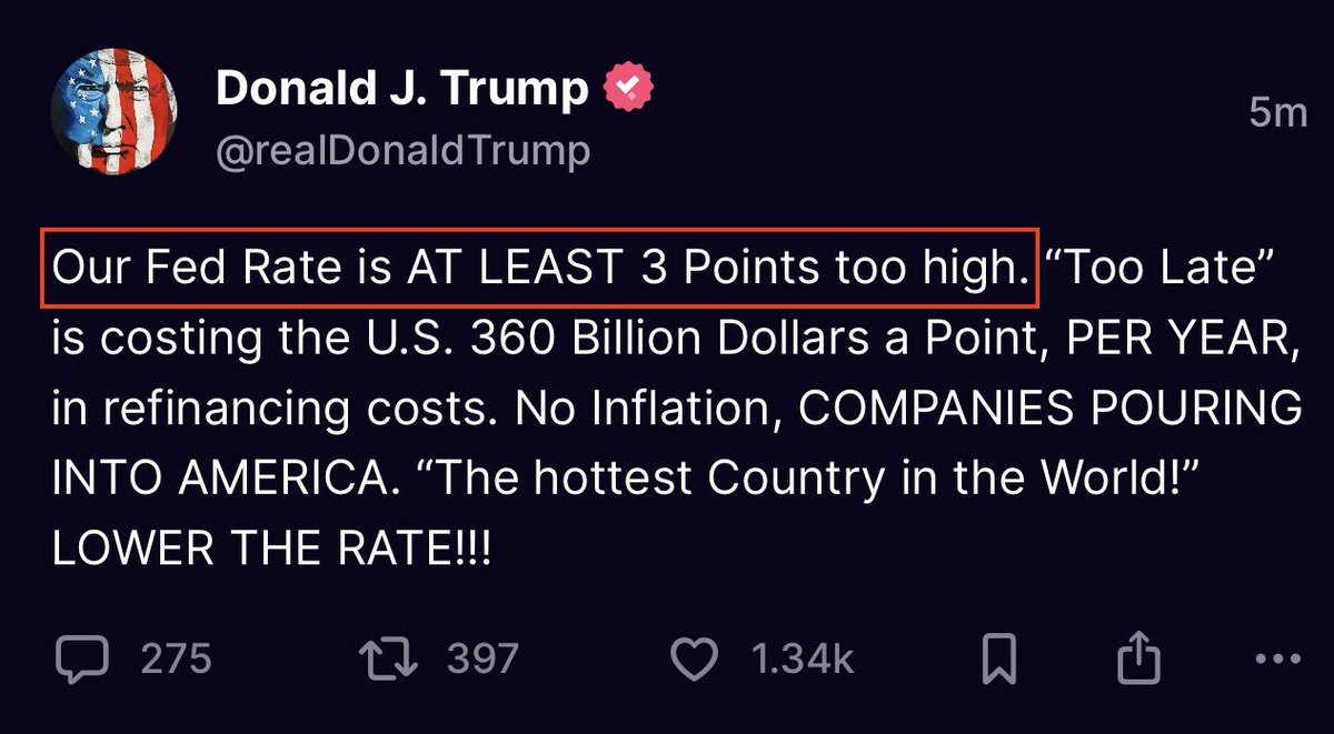 Imagine if the Fed actually did cut rates by 3pts

Biggest rate cut before that was in March 2020, and that was 1pt

$BTC went 15X over the following year

A 3pt cut would trigger a massive short-term rally:

- S&amp;P would go over 7k
- Gold would go over 5k/oz
- Bitcoin would go to