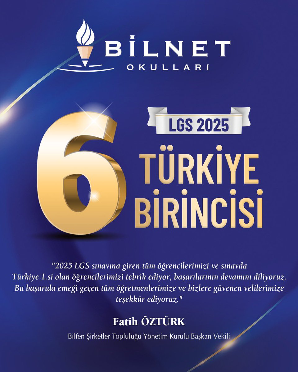 6️⃣ Türkiye 🇹🇷 Birincisi 🥇 öğrencimizle gurur duyuyoruz. 

2025 LGS sınavına giren tüm öğrencilerimizi ve bu sınavda Türkiye birincisi olan öğrencilerimizi tebrik ediyor ve başarılarının ömür boyu daim olmasını diliyorum.

Bu başarıyı bize yaşatan tüm öğretmen ve yöneticilerimizi