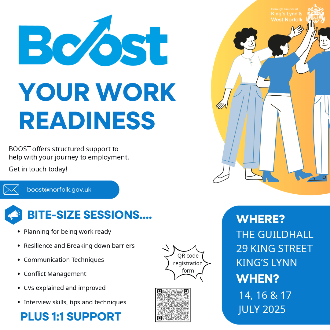 There is still time to book onto these BOOST Your Work Readiness bite size sessions 📄
Boost West Norfolk are offering structured support to help local young people with their journey to employment.
ℹ️ bit.ly/3UqSOPI