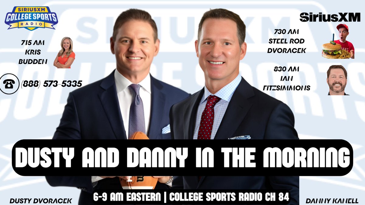 rbalick's tweet image. Dusty and Danny in the Morning is LIVE on @SXMCollege 84!!

Start your weekend off w/ @DustyDvoracek &amp;amp; @dannykanell! We preview SEC Media Days, the top ranked recruit chooses LSU and we travel across the world with our guests!

715 @KrisBudden
730 @steelrod_radim
830 @Ianfitzespn