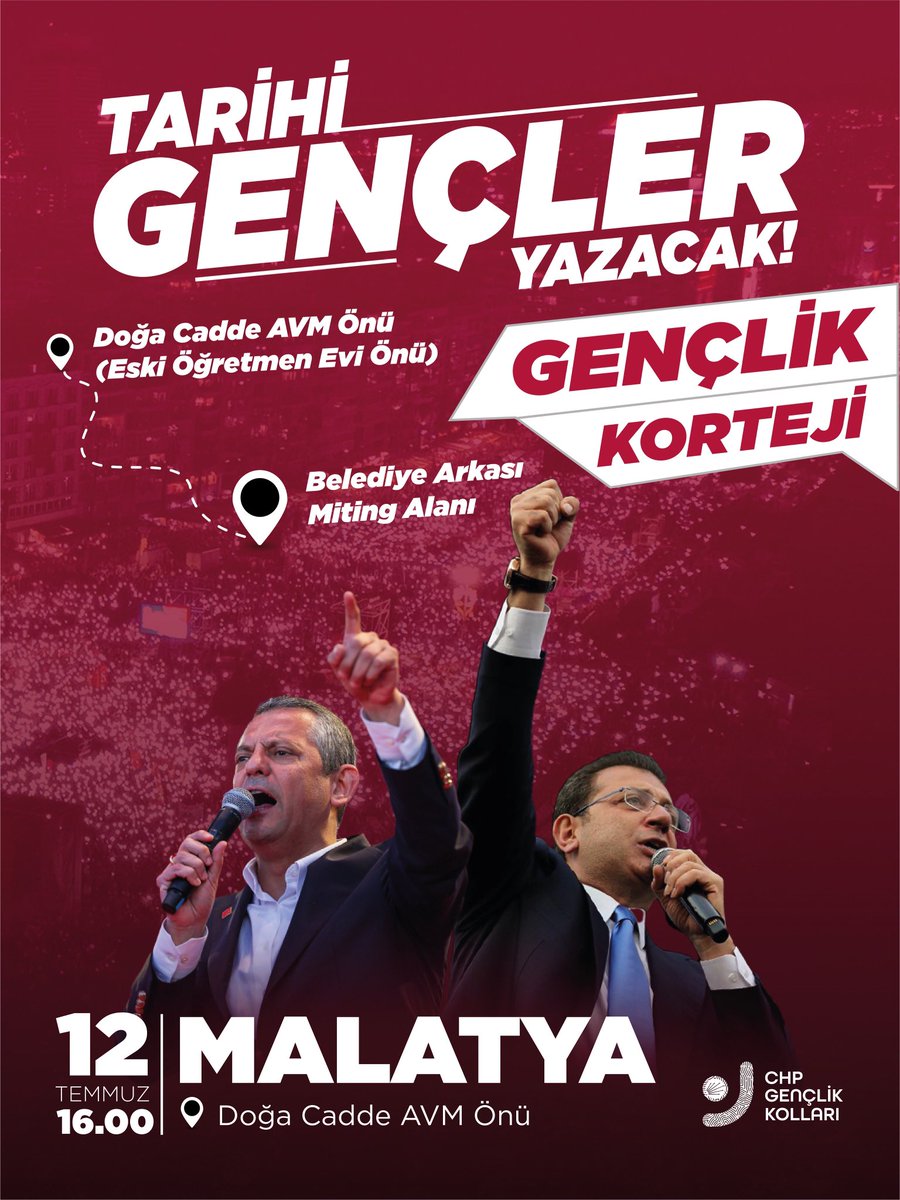 Gençlik kortejinde buluşuyor, özgürlük için yürüyoruz.
 
📍Doğa Cadde AVM önü (Eski Öğretmen Evi)
🗓️ 12 TEMMUZ
🕐 16.00