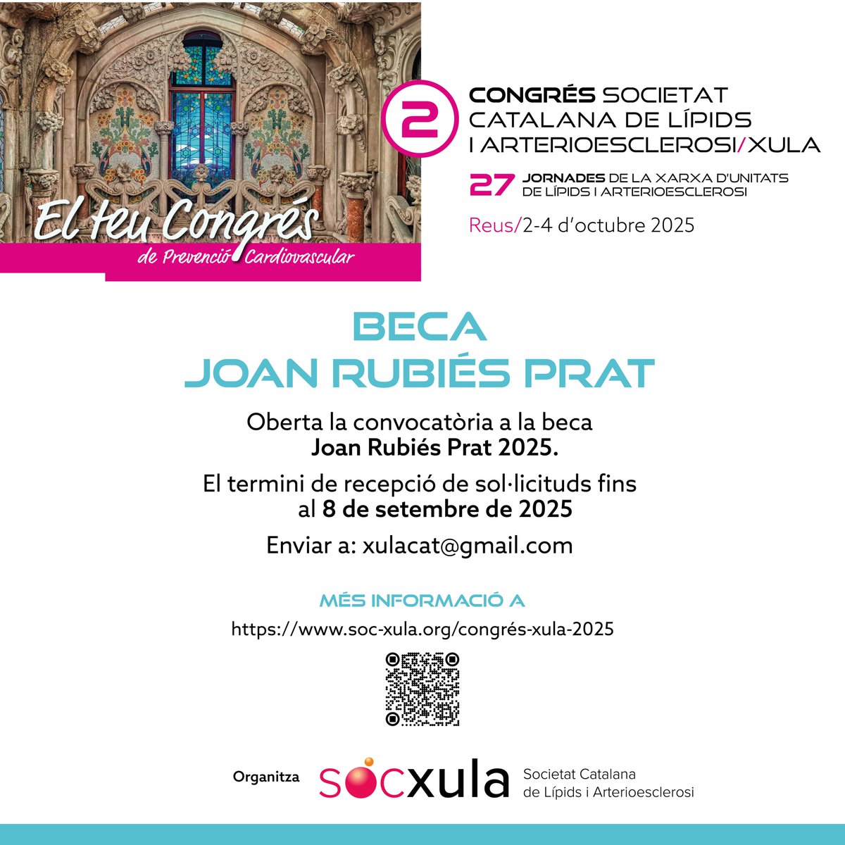 2n #CongrésXULA ➡️  “El teu Congrés de Prevenció Cardiovascular”
🔬 Convocatòria oberta per a la Beca Joan Rubiés Prat 2025, dotada amb 4.000 euros.
📆 Fins al 8 de setembre
📧 Envia el teu projecte a: xulacat@gmail.com
📄 Bases:  soc-xula.org/congrés-xula-2…