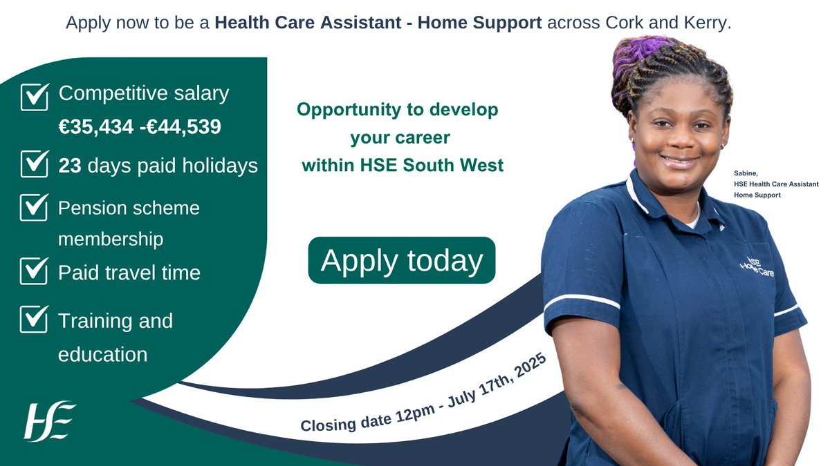 HSESouthWest's tweet image. 👥We are hiring Health Care Assistants - Home Support in #Cork and #Kerry
✍️Apply here pulse.ly/i8hghcjub4
🗓️Closing date: 17 July 2025 at 12pm
📚Learn more: pulse.ly/p8mnsbcaxt
@HSELive
#NowHiring #HomeSupportHCA #CorkJobs #KerryJobs