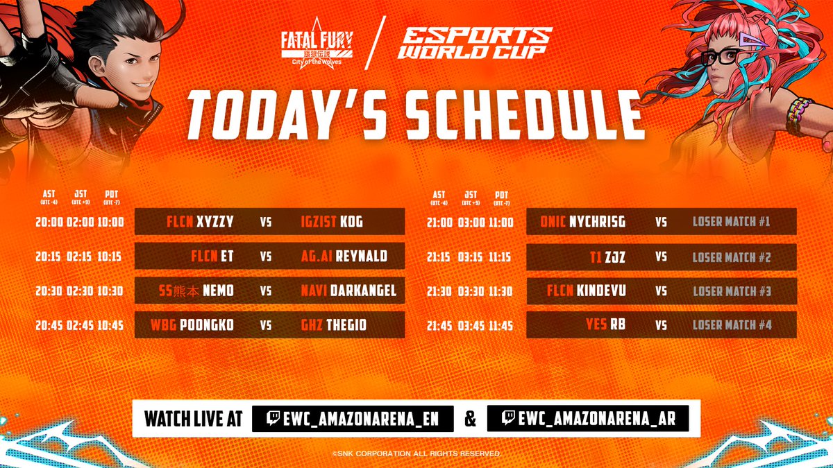 SNK esports official (@snk_esports_hub) on Twitter photo Day 2 schedule’s out for #EsportsWorldCup  for FATAL FURY: City of the Wolves. It’ll be the fight for their lives as they have one last chance to make it count.
🗓️ Friday, 11 July 2025
🟣 twitch.tv/EWC_AmazonAren…
🔴 youtube.com/@ewc Day 2 schedule’s out for #EsportsWorldCup  for FATAL FURY: City of the Wolves. It’ll be the fight for their lives as they have one last chance to make it count.
🗓️ Friday, 11 July 2025
🟣 twitch.tv/EWC_AmazonAren…
🔴 youtube.com/@ewc