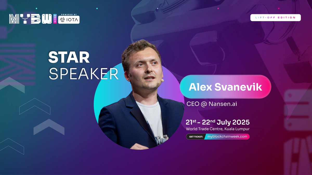 🌟 Star Speaker: Alex Svanevik

We’re proud to welcome <a href="/ASvanevik/">Alex Svanevik 🐧</a>, Chief Executive Officer of <a href="/nansen_ai/">Nansen 🧭</a>, to #MYBW2025.

With over a decade of experience in AI and data science, Alex is the driving force behind Nansen’s industry-leading blockchain analytics. A founding DAO member