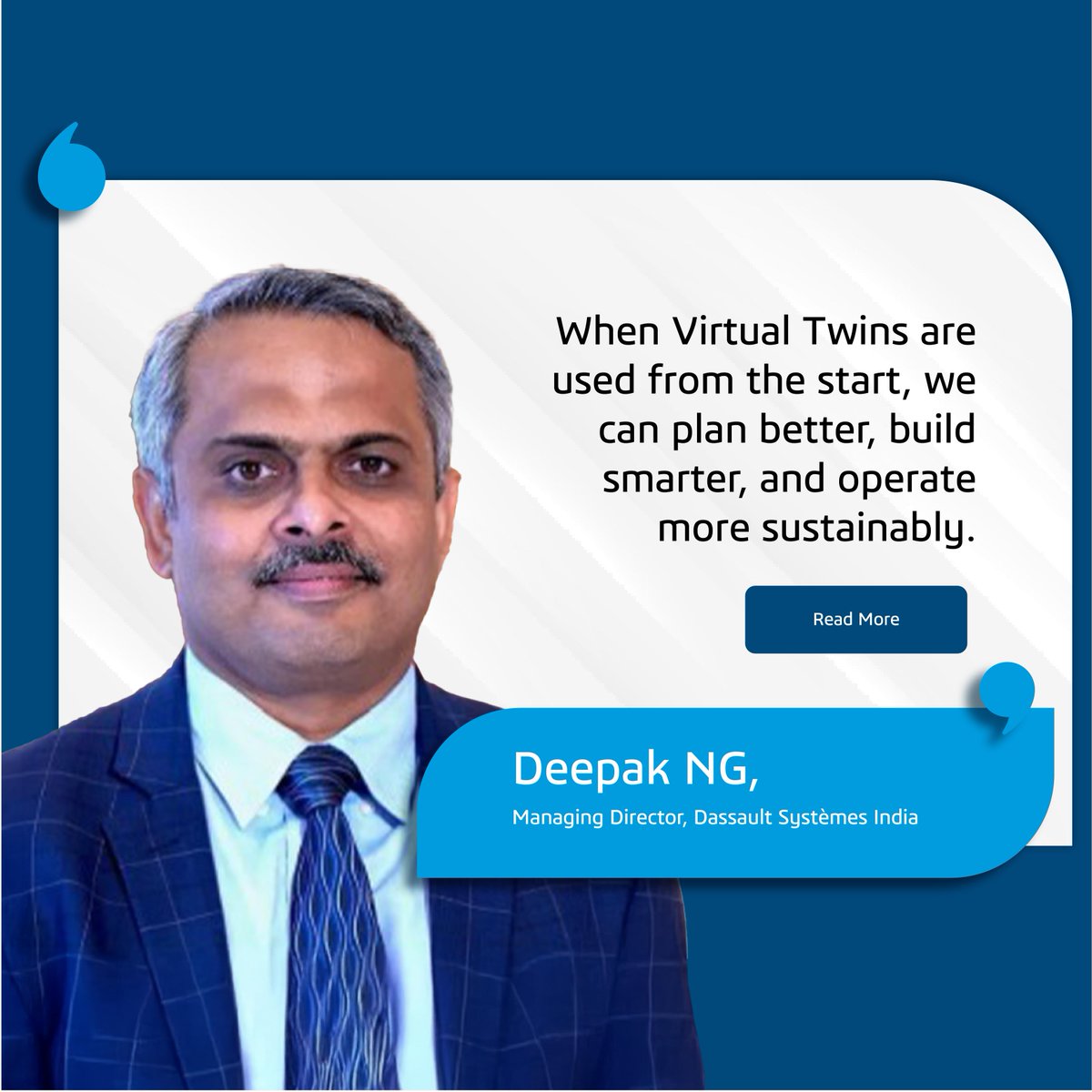"When Virtual Twins are used from the start, we can plan better, build smarter, and operate more sustainably." — Deepak NG on why we need a Virtual Twin mandate for India’s public projects.
 
Read the full article and join the conversation:
go.3ds.com/kQEJ