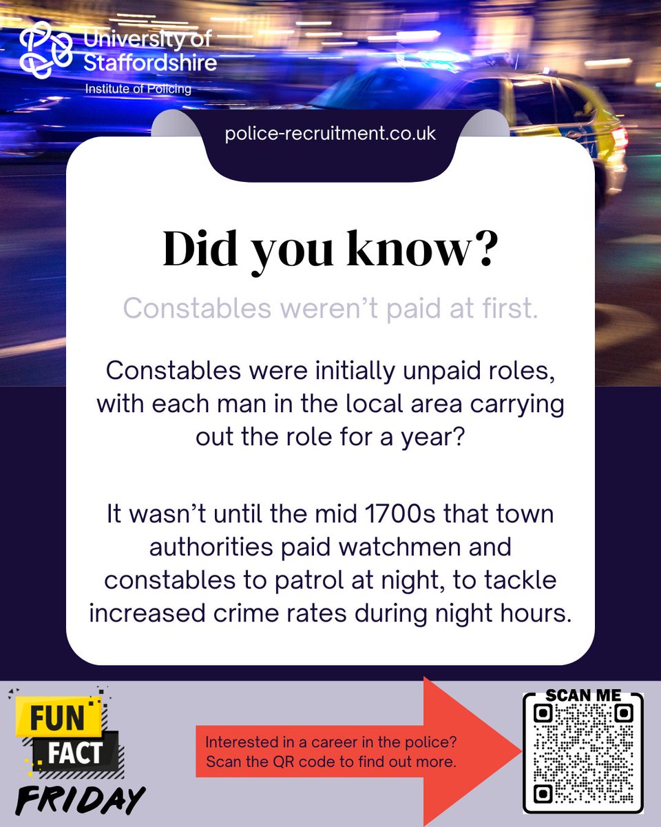 Happy #FunFactFriday

"In England by the...mid 1700s...town authorities...authorised for watchmen and constables to be paid to patrol the streets at night to combat increasing crimes rates.  ~ police-recruitment.co.uk

#GetIntoPolicing