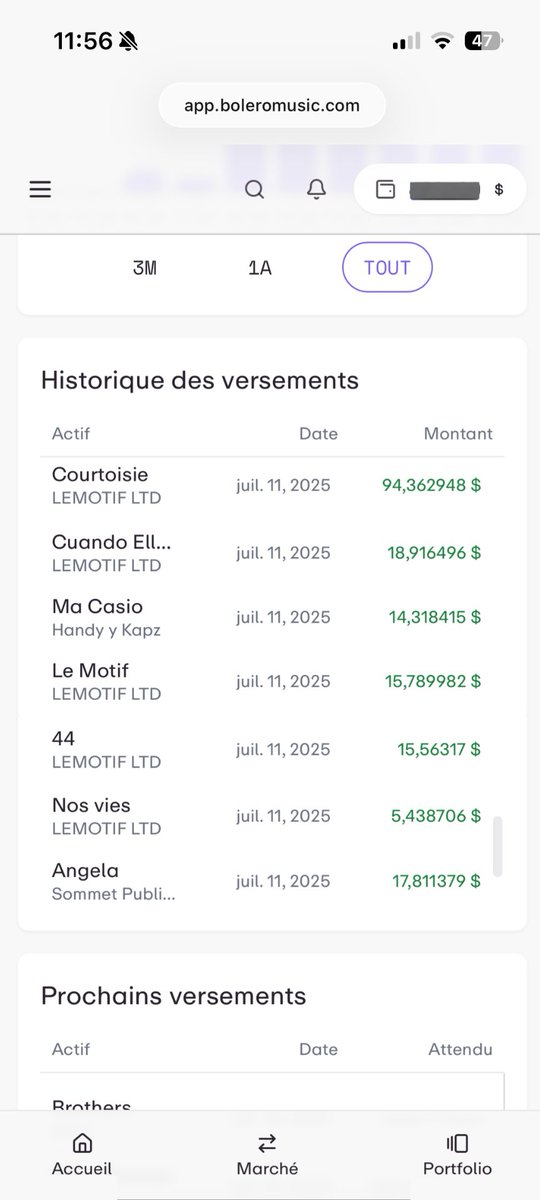 trisss_ttt's tweet photo. Je viens de toucher 260,31$ en investissant sur des sons que des milliers de personnes écoutent tous les jours (SDM, Aya Nakamura, Jul, Gazo, Tiakola, …) grâce aux royalties de ce trimestre 🙌🏼

Plus d’infos dans le lien en description, t’as même -10 % sur ton premier achat ↓ https://t.co/9meaTpRtTP