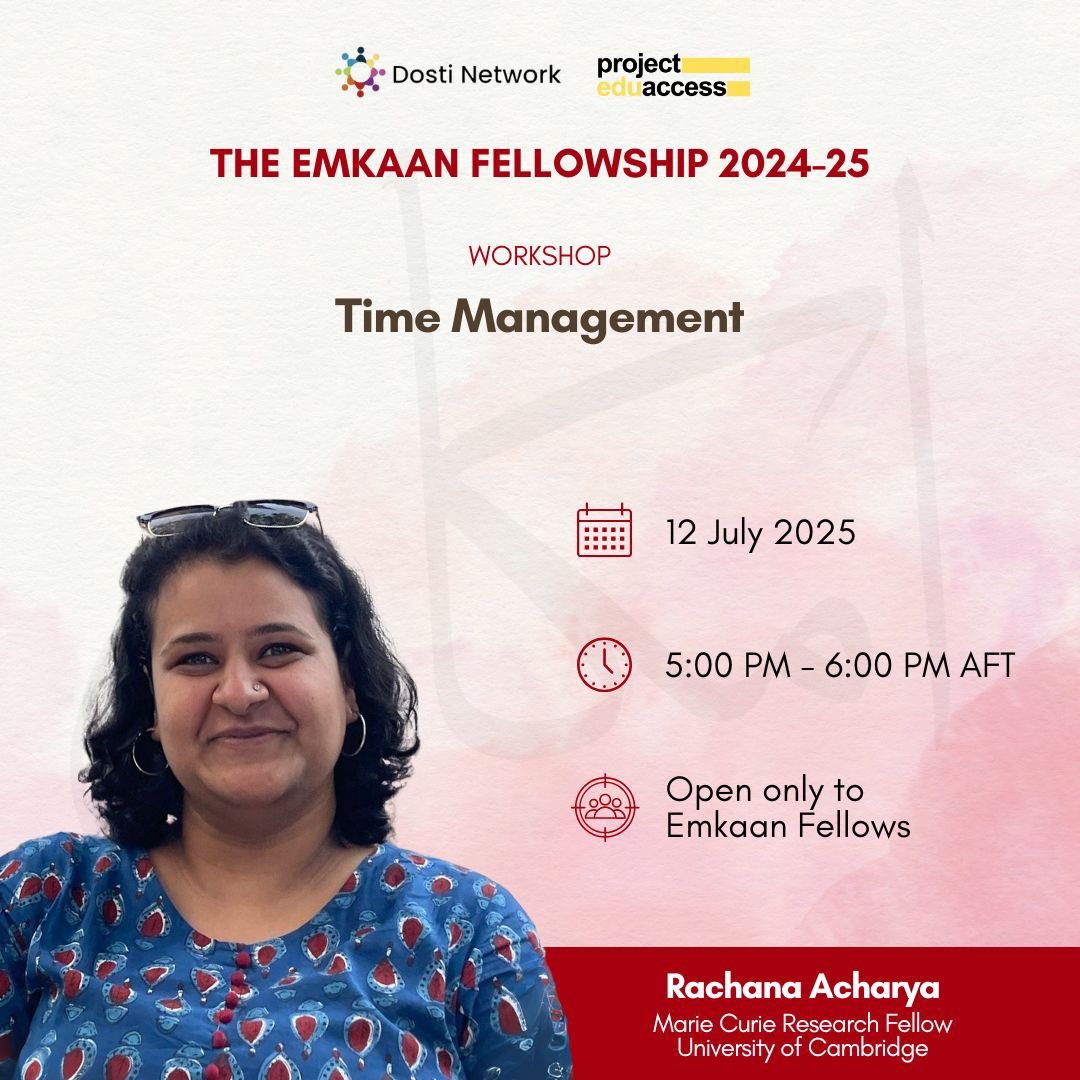 Project EduAccess (@projeduaccess) on Twitter photo We are pleased to organise a workshop on ‘Time Management’ with Dr Rachana Acharya, as part of the Emkaan Fellowship.
<a href="/RachanaAch/">Dr Rachana Acharya</a> is a Marie Curie Research Fellow at the Department of Chemical Engineering & Biotechnology at the University of Cambridge. We are pleased to organise a workshop on ‘Time Management’ with Dr Rachana Acharya, as part of the Emkaan Fellowship.
<a href="/RachanaAch/">Dr Rachana Acharya</a> is a Marie Curie Research Fellow at the Department of Chemical Engineering & Biotechnology at the University of Cambridge.
