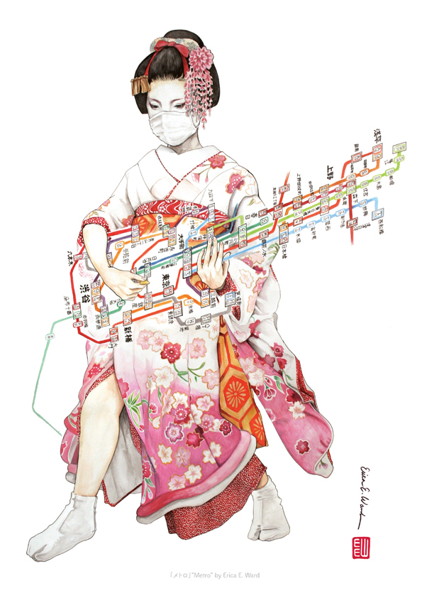 maqime's tweet image. やはり、この「metro」のインパクトはすさまじく、デザフェスでこのポスターを目撃した5分後には、販売ブースにいたエリカ・ワード氏に直接、小説の表紙を描いてもらえないかオファーを出していました。