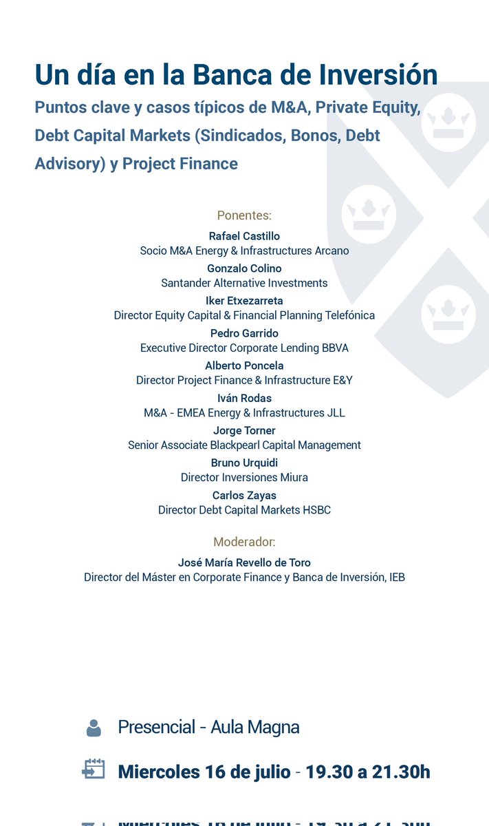 Pedro Garrido (@pedrogarrido82) on Twitter photo Evento Banca de Inversión en IEB <a href="/IEB_Spain/">IEB</a> 
Miércoles 16 julio a las 7.30pm
Inscripción:
cloud.formacion.ieb.es/banca-inversion Evento Banca de Inversión en IEB <a href="/IEB_Spain/">IEB</a> 
Miércoles 16 julio a las 7.30pm
Inscripción:
cloud.formacion.ieb.es/banca-inversion