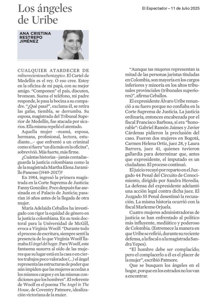 #EEOpinion 🗞️Cuatro administradoras de justicia que se han enfrentado al político más influyente, mediático y poderoso de Colombia.
El juicio contra <a href="/AlvaroUribeVel/">Álvaro Uribe Vélez</a> deja claro el valor de las mujeres en la rama judicial.
Los ángeles de Uribe | EL ESPECTADOR En <a href="/elespectador/">El Espectador</a> 1/4