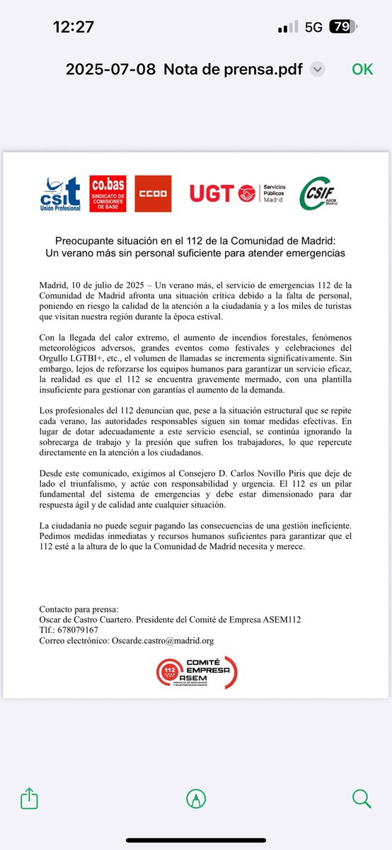 Denunciamos la precariedad que sufren los Gestores de Emergencia de <a href="/112cmadrid/">112 Comunidad de Madrid</a> en su trabajo diario. Persecución por parte de los Jefes de Sala, insuficiente personal en sala para atender a los madrileñxs como merecen…
<a href="/CarlosNovilloPi/">Carlos Novillo Piris</a> <a href="/eldiarioes/">elDiario.es</a> <a href="/publico_es/">Público</a> <a href="/La_SER/">Cadena SER</a>