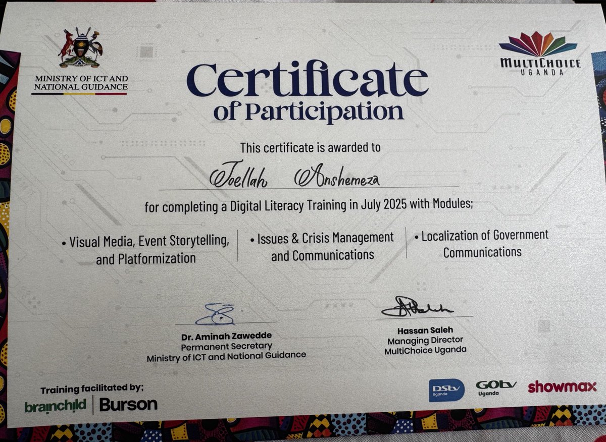 Joellah_Kagina's tweet image. Counsel @JustusKaruhanga once said Learn, Unlearn, & Re-learn #AlwaysLearn.
Taught by @AhmedhadjiProf. Advanced Foreign Policy Analysis in the 💼. Thank you @usmissionuganda @LIDIRUganda.
Thank you @MoICT_Ug, MultiChoice Uganda for the Digital Literacy Training.