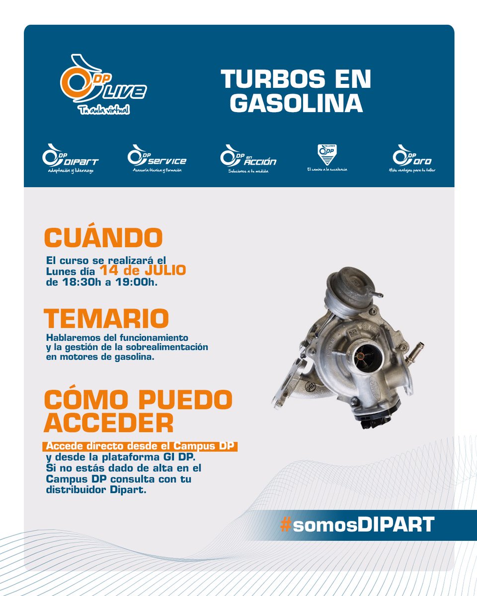 DIPART (@dipartsl) on Twitter photo 📢 Por si te lo estabas preguntando... Sí, el próximo lunes, es lunes de #DPLive 😎
Hablaremos del funcionamiento de la sobrealimentación en motores de gasolina 🔧
🗓 14/7
⏰ 18:30-19:00
💻 En el #CampusDP: dipart.es/campus-dp/
¡Te esperamos! 🫵
🔸 #TodosSomosDIPART 🔹 📢 Por si te lo estabas preguntando... Sí, el próximo lunes, es lunes de #DPLive 😎
Hablaremos del funcionamiento de la sobrealimentación en motores de gasolina 🔧
🗓 14/7
⏰ 18:30-19:00
💻 En el #CampusDP: dipart.es/campus-dp/
¡Te esperamos! 🫵
🔸 #TodosSomosDIPART 🔹