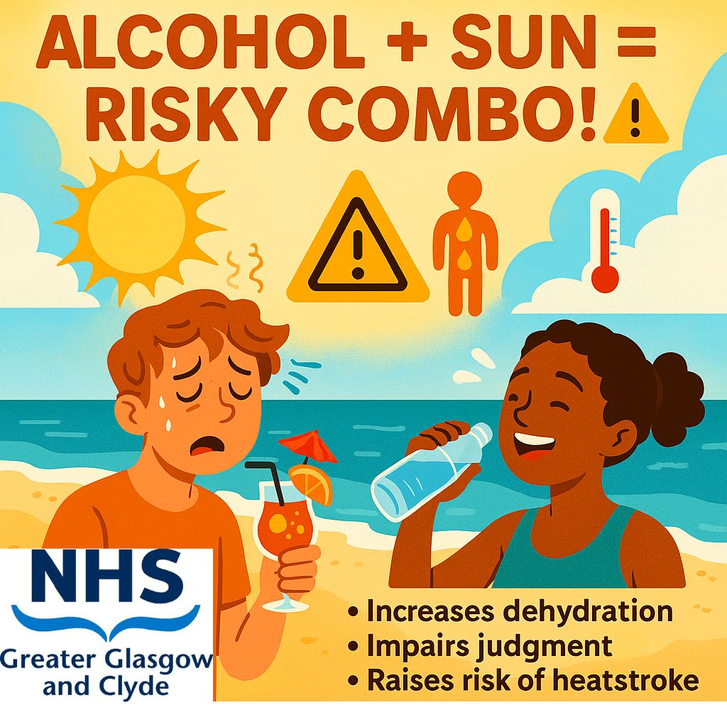 NHSGGCDiet's tweet image. ☀️ Alcohol + Sun = Risky Combo! 🍹⚠️
Dietitians warn:
🚫 Increases dehydration
🧠 Impairs judgment
🌡️ Raises risk of heatstroke
Choose water instead 💧
#SummerSafety #DietitianTips #StayHydrated #AlcoholAwareness
@BDA_Dietitians 
@BDAWOSBranch 
@NHSGGC