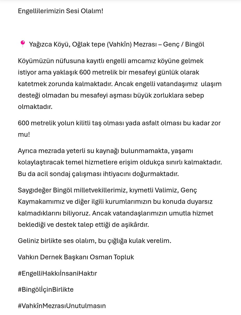 vahkinderneği (@vahkindernegi) on Twitter photo Kamuoyuna Duyrulur. !
Engelli Vatandaşımızın sesine ses olalım.
<a href="/FeyziBerdibek1/">Feyzi Berdibek🇹🇷</a> <a href="/Korkutata_Zeki/">Zeki Korkutata</a> <a href="/ahusta07/">Dr. Ahmet Hamdi USTA</a> <a href="/tcgenc_/">T.C. Genç Kaymakamlığı</a> Kamuoyuna Duyrulur. !
Engelli Vatandaşımızın sesine ses olalım.
<a href="/FeyziBerdibek1/">Feyzi Berdibek🇹🇷</a> <a href="/Korkutata_Zeki/">Zeki Korkutata</a> <a href="/ahusta07/">Dr. Ahmet Hamdi USTA</a> <a href="/tcgenc_/">T.C. Genç Kaymakamlığı</a>