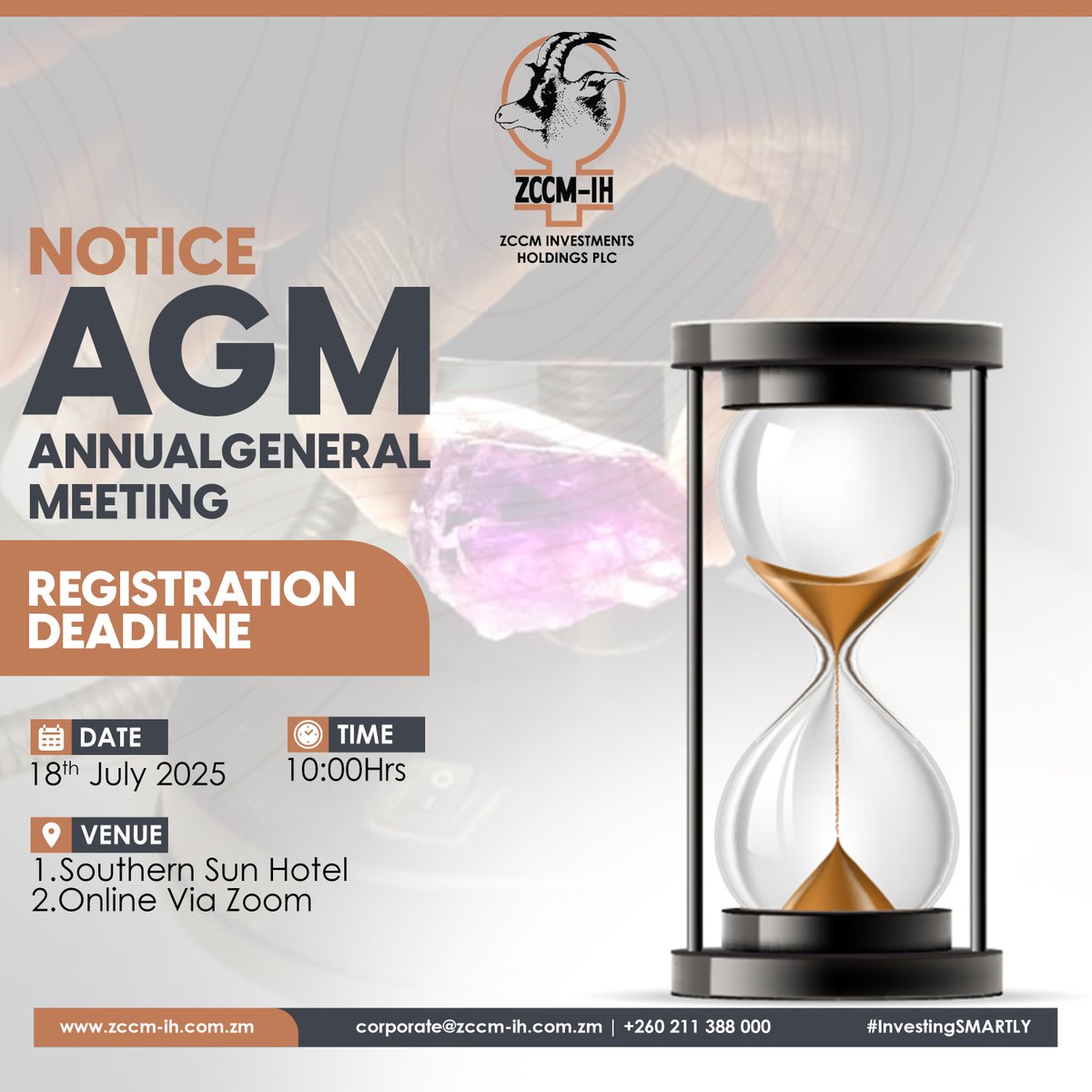 Have you registered for the 21st AGM taking place on 18th July 2025? If not, there is still time to secure your spot.

Register to attend virtually: zccm-ih.financifi.com/news-and-media…

Shareholders are also reminded to submit any questions, send your questions to: corporate@zccm-ih.com.zm