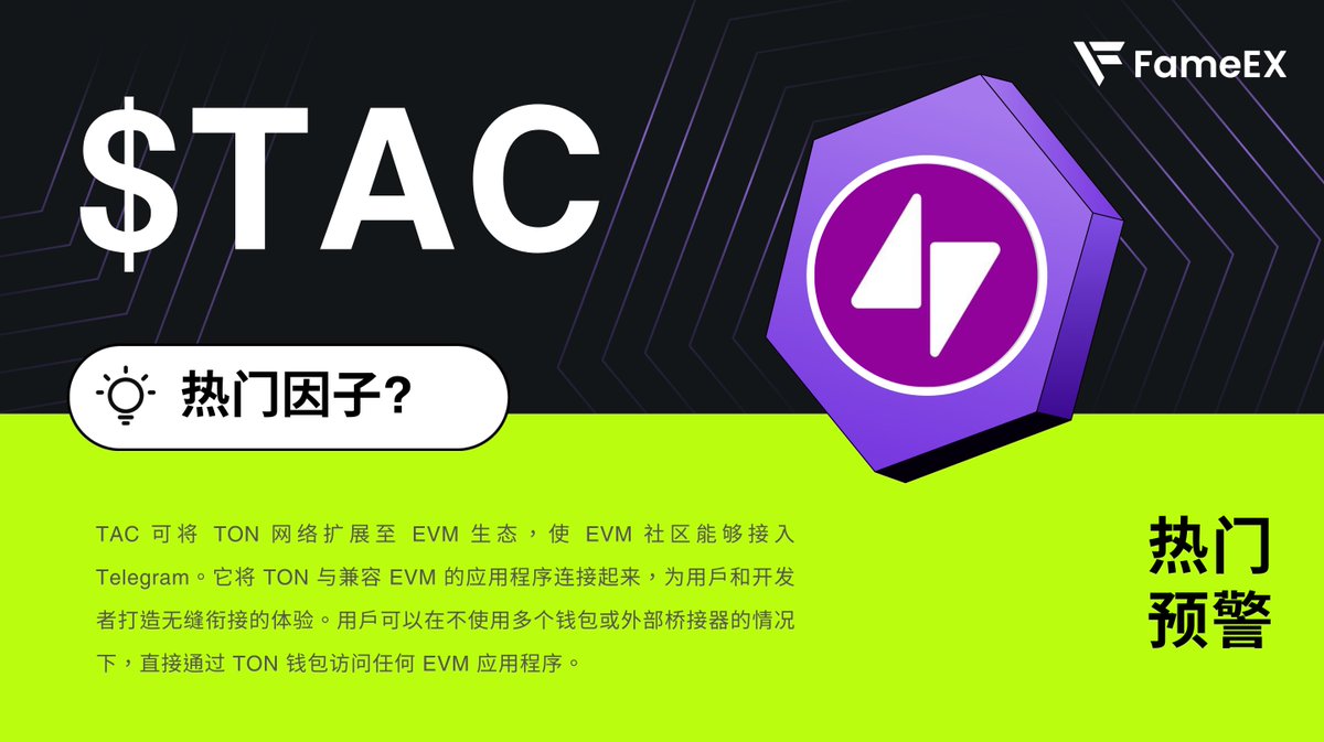 🚨 热点预警👉 $TAC @TacBuild #TAC 可将#TON 网络扩展至#EVM 生态，并允许用户使用TON 钱包与任何EVM  应用进行交互，且无需链接多个钱包或桥接器。最近，他们的#
