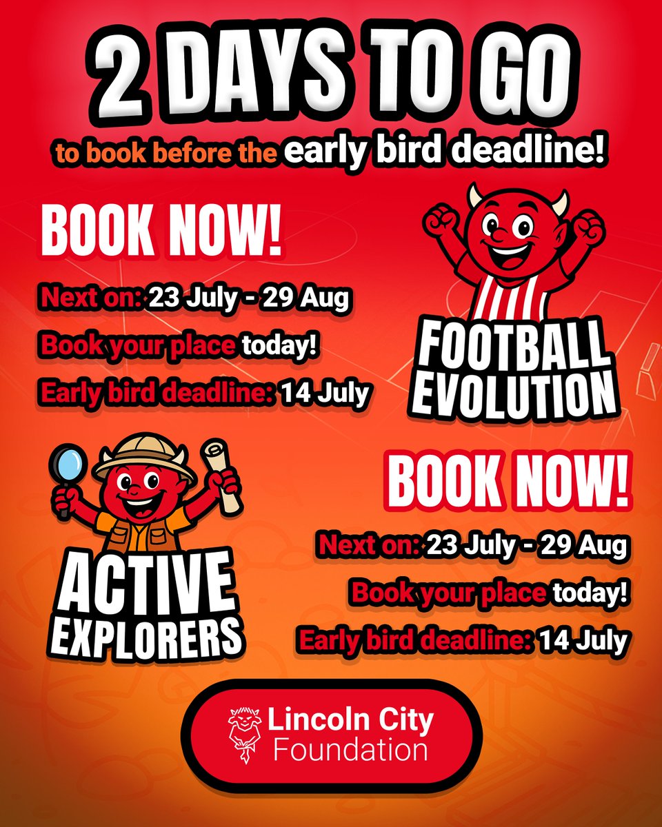 LCityFoundation's tweet image. ⚡ 2 Days to Go! Early Bird Deadline Approaching!
📅 23 July – 29 August
🎟 Early Bird Deadline: 14 July – Don’t miss out!
👉 Book Active Explorers: theredimps.net/summeractiveex…
👉 Book Football Evolution: theredimps.net/summerfootball…
