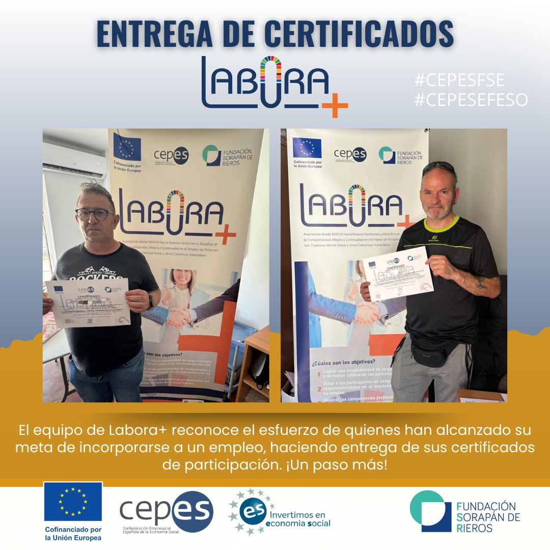 📢 Entregamos los certificados de participación a quienes han logrado incorporarse al empleo 👏 Un reconocimiento a su esfuerzo y constancia dentro del programa Labora+ 💼
#CepesPoises #CepesFSE #EFESO #CEPESEFESO #LABORAPLUS #SaludMental #FundacionSorapanDeRieros