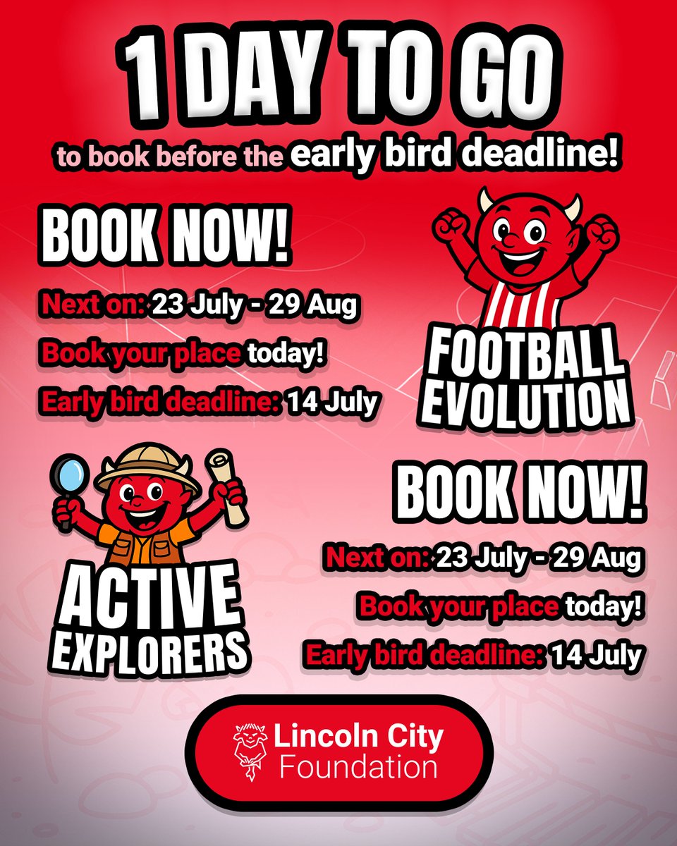 LCityFoundation's tweet image. 🚨 1 Day to Go! Early Bird Deadline Tomorrow!
📅 23 July – 29 August
⏳ Early Bird Deadline: 14 July – Last chance to book!
👉 Book Active Explorers: theredimps.net/summeractiveex…
👉 Book Football Evolution: theredimps.net/summerfootball…