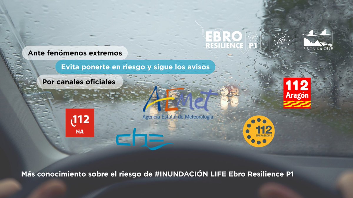 EBRO Resilience/ LIFE Ebro Resilience P1 🇪🇺 (@ebroresilience) on Twitter photo 🙏 Clave para reducir el riesgo #inundación es evitar la EXPOSICIÓN (bienes y personas) a fenómenos extremos🌊.
Cuando haya previsión de fenómenos meteorológicos, infórmate💻📻 y evita la exposición.
Siempre canales OFICIALES <a href="/CH_Ebro/">CH del Ebro</a> <a href="/AEMET_Esp/">AEMET</a> <a href="/112Aragon/">112 Aragón</a> <a href="/SOSRioja/">SOS Rioja</a> <a href="/112_na/">112 Sos Navarra / Nafarroa</a> 🙏 Clave para reducir el riesgo #inundación es evitar la EXPOSICIÓN (bienes y personas) a fenómenos extremos🌊.
Cuando haya previsión de fenómenos meteorológicos, infórmate💻📻 y evita la exposición.
Siempre canales OFICIALES <a href="/CH_Ebro/">CH del Ebro</a> <a href="/AEMET_Esp/">AEMET</a> <a href="/112Aragon/">112 Aragón</a> <a href="/SOSRioja/">SOS Rioja</a> <a href="/112_na/">112 Sos Navarra / Nafarroa</a>