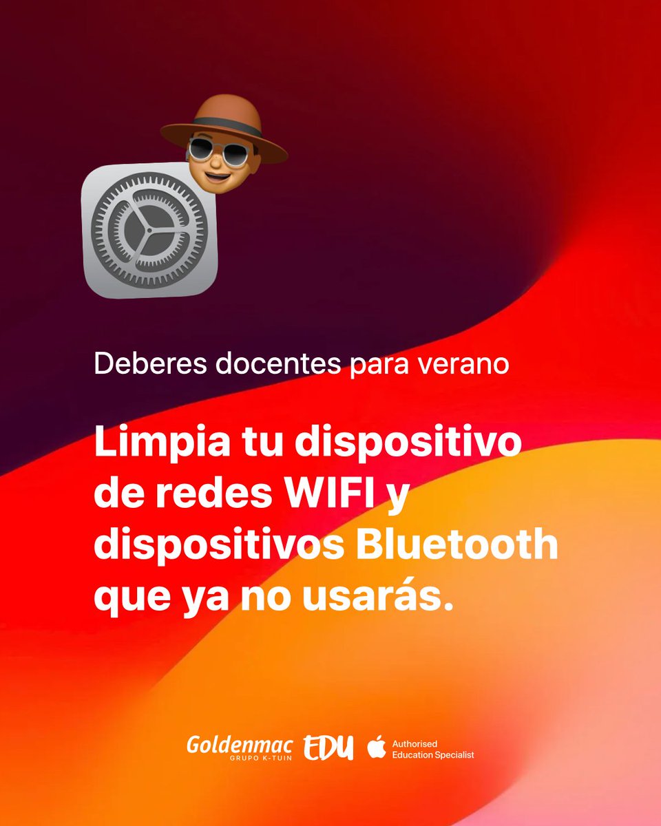 GoldenmacEDU (@goldenmacedu) on Twitter photo Cada semana te proponemos unos pequeños deberes para hacer a la sombra una palmera y empezar el curso con tu dispositivo limpito y ordenado. 
Semana 1 👉🏽 Limpia tus redes WiFI y dispositivos Bluetooth. Seguro que muchas de ellas nunca las volverás a utilizar. Cada semana te proponemos unos pequeños deberes para hacer a la sombra una palmera y empezar el curso con tu dispositivo limpito y ordenado. 
Semana 1 👉🏽 Limpia tus redes WiFI y dispositivos Bluetooth. Seguro que muchas de ellas nunca las volverás a utilizar.