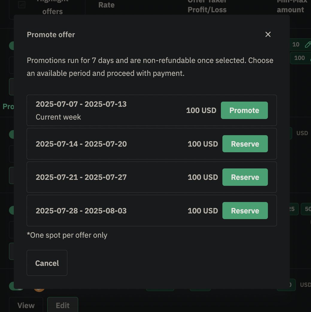 NoonesTech's tweet image. 🚨 Huge improvement on @noonesapp!
We just dropped an awesome Marketplace update — bidding flat price for pinned offers is live! 📌
Vendors, promote your offers with a flat fee and lock in your top spot.
Come and try it now! 💥
#P2P #CryptoTrading #NoOnesApp