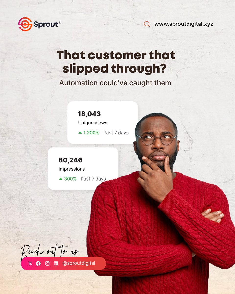 That customer that slipped through?
Automation could’ve caught them. 👀

📊 18,043 unique views
📈 80,246 impressions
All in 7 days.

Let’s stop losing leads. Let’s start automating.
🔗 sproutdigital.xyz

#MarketingAutomation #DigitalMarketing #LeadGen #SproutDigital