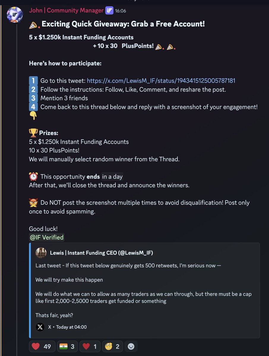 Mangaree✌️ (@sareedmangaree) on Twitter photo 🚨 GIVEAWAY TIME! 🚨
Win 5 x $1.250k Instant Funding Accounts of <a href="/InstantFunding_/">Instant Funding</a> 💸
10 x 30 PlusPoints 🎯
Just follow the steps in the official Discord 👇
🔗 discord.gg/instantfunding
Don't miss out — ends soon! ⏳ 🚨 GIVEAWAY TIME! 🚨
Win 5 x $1.250k Instant Funding Accounts of <a href="/InstantFunding_/">Instant Funding</a> 💸
10 x 30 PlusPoints 🎯
Just follow the steps in the official Discord 👇
🔗 discord.gg/instantfunding
Don't miss out — ends soon! ⏳