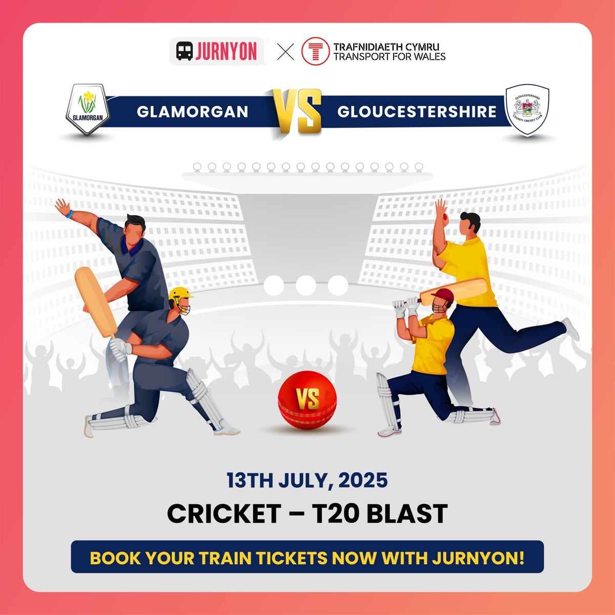 🏏 Big hits, fast runs, and electric energy — Glamorgan vs Gloucestershire hits Sophia Gardens this Sunday, July 13, in the T20 Blast!

Heading to the match? Travel smart and stress-free with JurnyOn.
🚉 Nearest TfW station: Cardiff Central

#T20Blast #Glamorgan #Gloucestershire