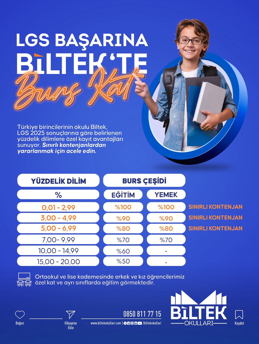 🎯LGS’de Gösterdiğiniz Çaba Biltek’te Karşılığını Buluyor!

Yüzdelik diliminize göre %100’e varan eğitim ve yemek bursu desteği ile siz de Biltek ayrıcalığını yaşayabilirsiniz.

23 yıllık tecrübesiyle akademik, manevi ve sosyal gelişimi bir arada sunan Biltek Okulları,