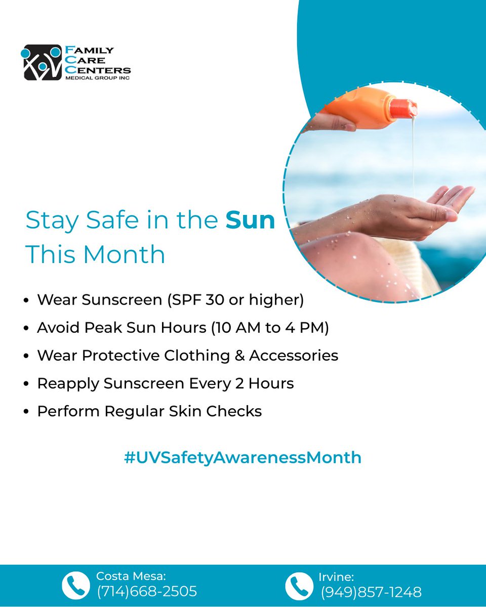 WBWalkIn's tweet image. UV Safety Awareness Month reminds us all to protect our skin. From sunscreen to simple lifestyle changes, get our tips for staying safe in the sun this summer.
#UVSafety #SkinHealth #SummerProtection #FCCUrgentCare