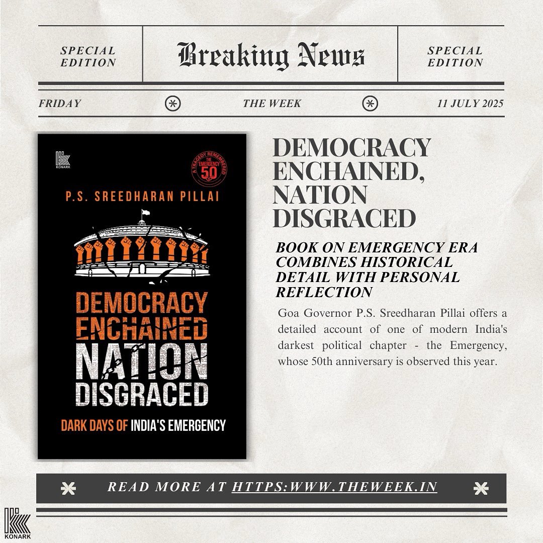 📘 Democracy Enchained, Nation Disgraced by P. S. Sreedharan Pillai offers a gripping mix of history &amp; personal insight on India’s Emergency.

A must-read for those who value democracy.

🔗 Review: theweek.in/review/books/2…
🛒 Buy: amazon.in/gp/product/819…