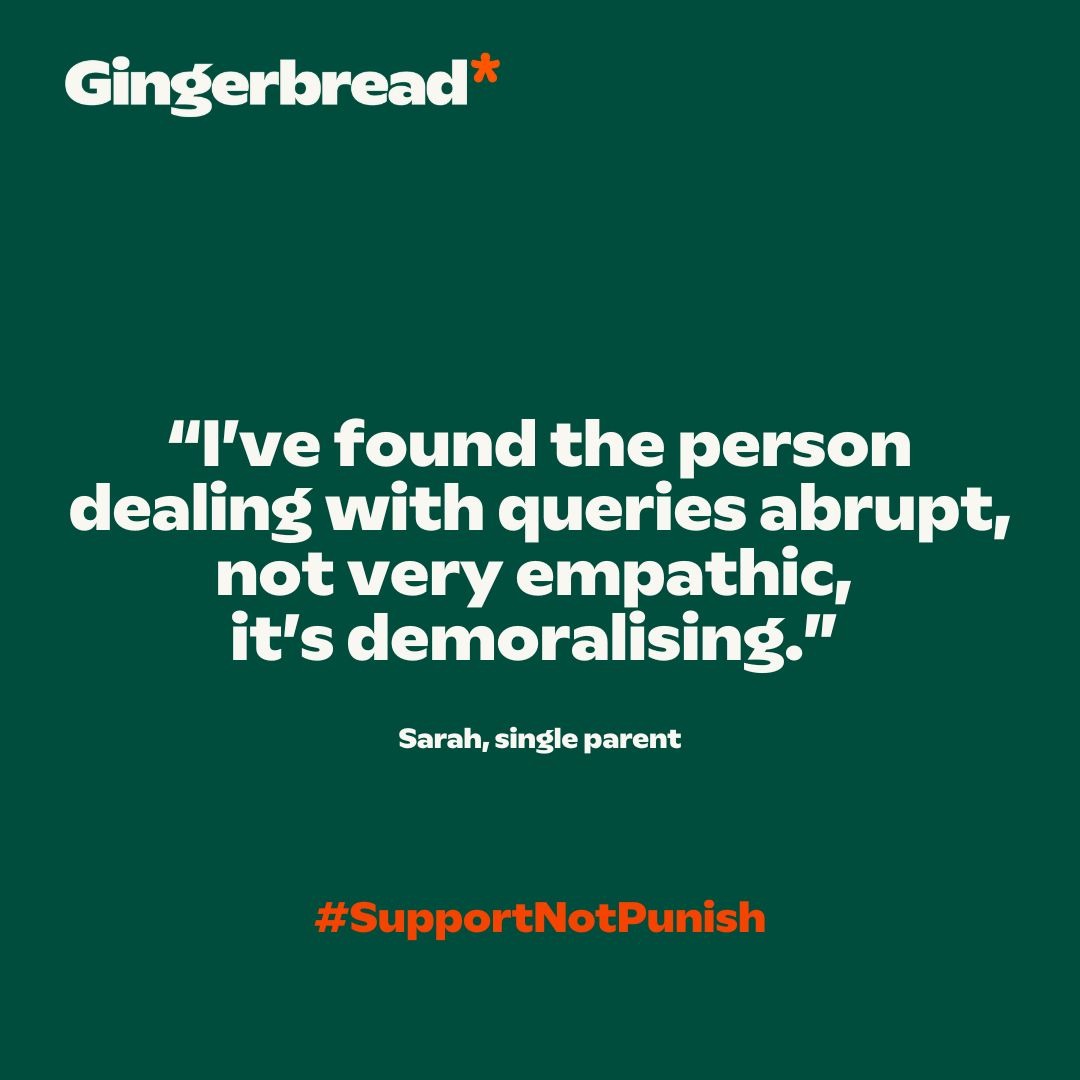 Gingerbread's tweet image. 📢 It’s Day 5, the last day of our #SupportNotPunish Week of Action!
👉 Hear from Sarah about how hostile and unhelpful Universal Credit staff can be and read our recommendations for change: gingerbread.org.uk/our-work/polic…
